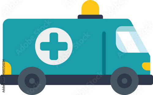 Turquoise ambulance car with emergency lights flashing illustration