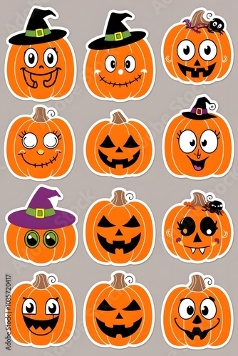 A Collection of Twelve Adorable Halloween Pumpkins with Diverse and Whimsical Facial Expressions, Wearing Witch Hats and Adorned with Festive Halloween Elements.