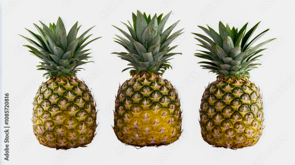 Three ripe yellow pineapples with lush green tops, displayed against a clean white background Three ripe yellow pineapples with lush green tops, displayed against a clean white background