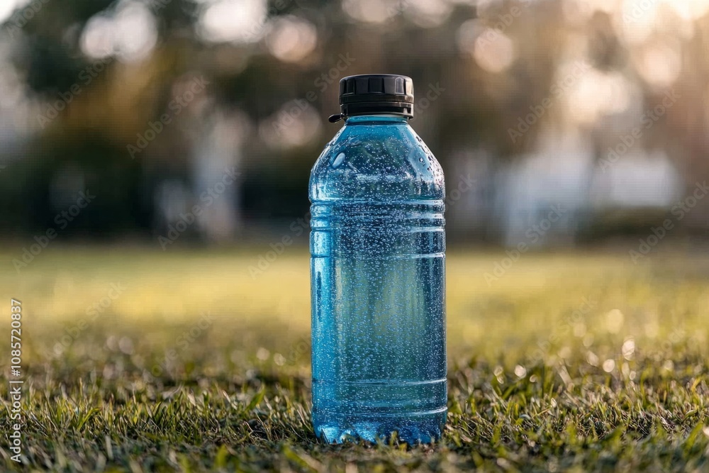 Sparkling water bottle sits on vibrant green grass, promoting hydration and outdoor refreshment Sparkling water bottle sits on vibrant green grass, promoting hydration and outdoor refreshment