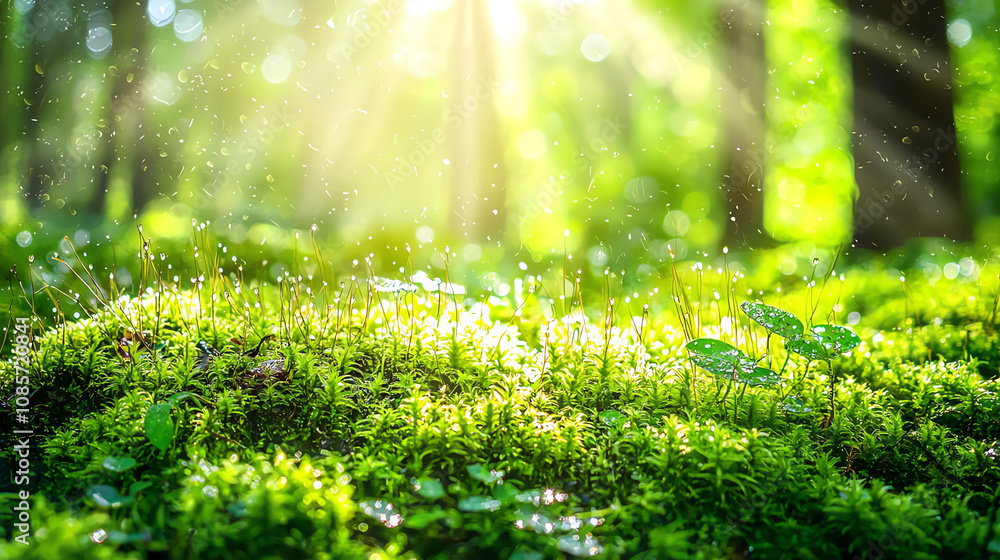 Fototapeta premium A close-up of a lush green moss-covered forest floor illuminated by soft sunlight filtering through the trees during a serene morning in nature