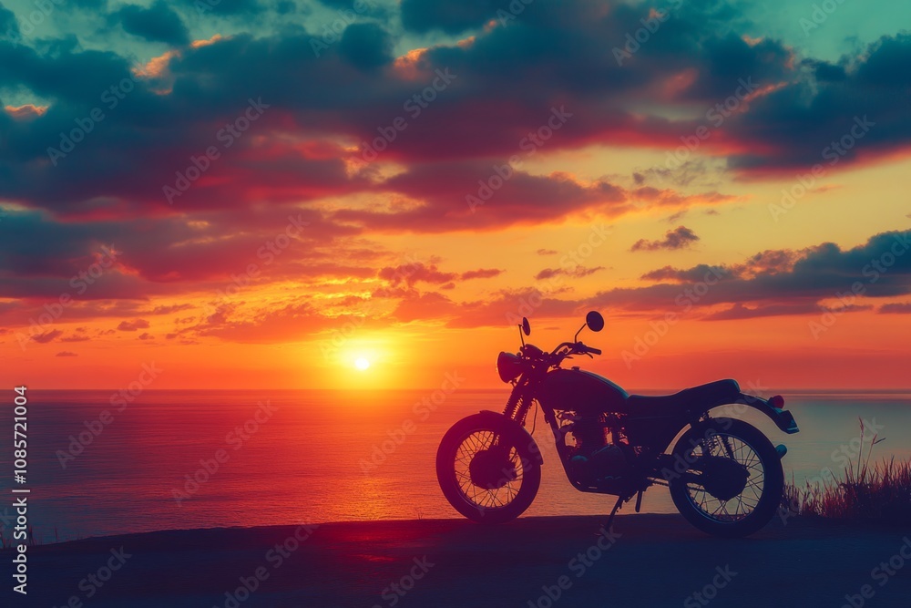 Silhouette of a motorcyclist riding through a field at sunset, creating a dramatic and evocative scene Silhouette of a motorcyclist riding through a field at sunset, creating a dramatic and evocative scene