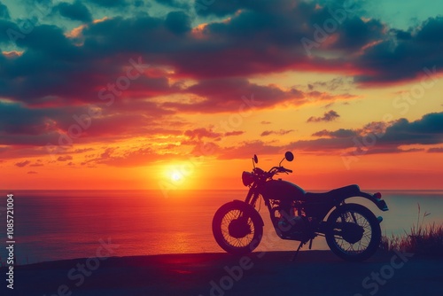 Silhouette of a motorcyclist riding through a field at sunset, creating a dramatic and evocative scene photo