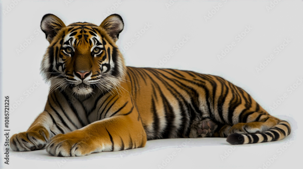Fototapeta premium Tiger standing majestically on a clean white background, isolated wildlife portrait