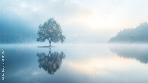 Serene reflection of a lone tree on misty lake at dawn nature photography tranquil environment peaceful viewpoint calm concept