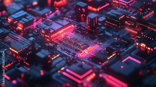 Abstract futuristic circuit board with glowing neon lights.