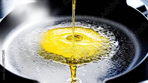 Boiling oil, olive oil boils in a pan. cook in skorod, grease splashes, yellow olive, black skillet