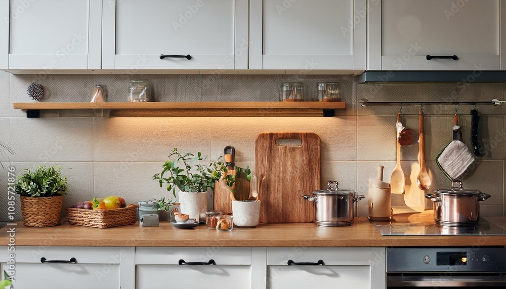 Modern home kitchen interior with cooking cabinet and kitchenware Modern home kitchen interior with cooking cabinet and kitchenware
