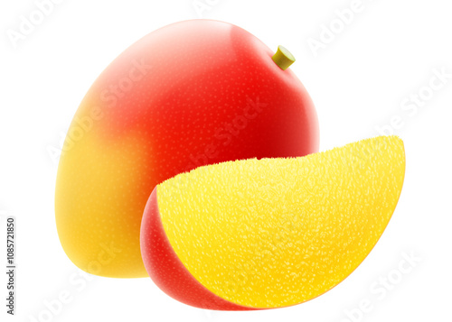 Fresh mango tropical fruit. Whole and slice exotic mango fruit isolated on transparent background. Summer tropical vitamin food. Realistic 3d vector illustration
