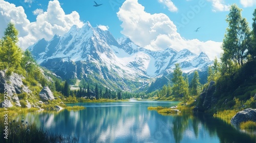 Mountainous landscape reflection serene lake nature photography sunny day wide angle tranquility and adventure