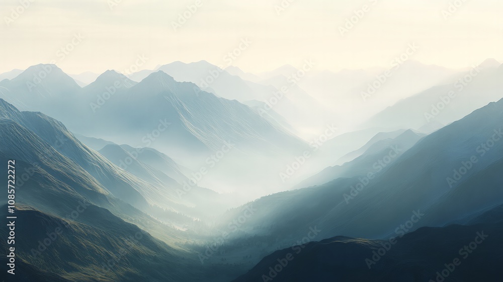 Fototapeta premium Misty mountain landscape serene valley nature photography tranquil environment wide viewpoint natural beauty exploration