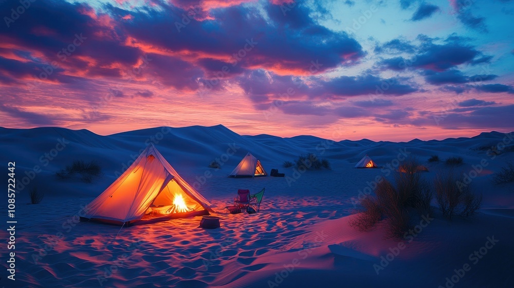 Tranquil Desert Camp at Dusk with Colorful Sky and Illuminated Tents Surrounded by Sand Dunes and a Flickering Campfire Under a Starry Night Tranquil Desert Camp at Dusk with Colorful Sky and Illuminated Tents Surrounded by Sand Dunes and a Flickering Campfire Under a Starry Night