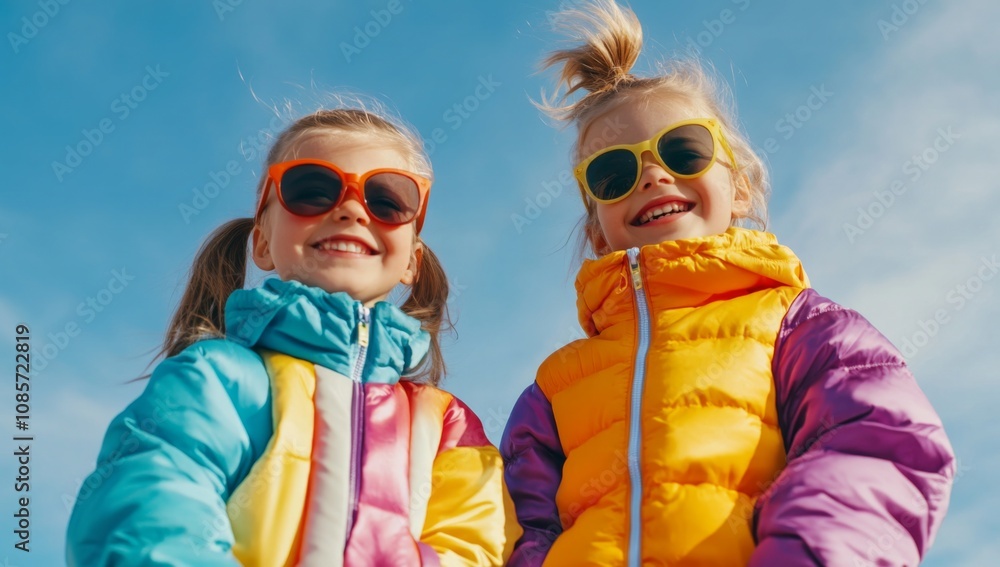 Two Happy Little Girls Wearing Colorful Jackets and Sunglasses Smile at Camera Against Blue Sky. Two Happy Little Girls Wearing Colorful Jackets and Sunglasses Smile at Camera Against Blue Sky.