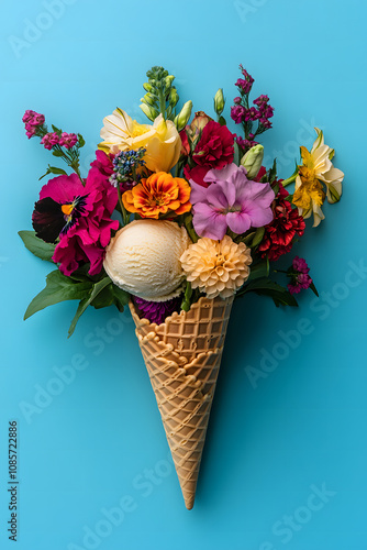 Vibrant floral bouquet in a waffle cone against a blue background.