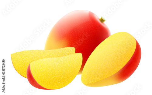 Fresh mango tropical fruit. Whole and slice exotic mango fruit isolated on transparent background. Summer tropical vitamin food. Realistic 3d vector illustration