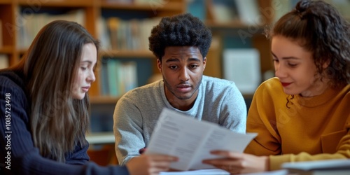 Three students collaborate on a project in a library setting. They are engaged in discussion and sharing ideas. This image captures teamwork and learning in a cozy environment. AI photo