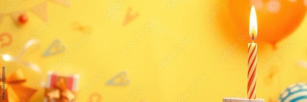 A single yellow birthday candle standing on a bright yellow background, festive, background, decor