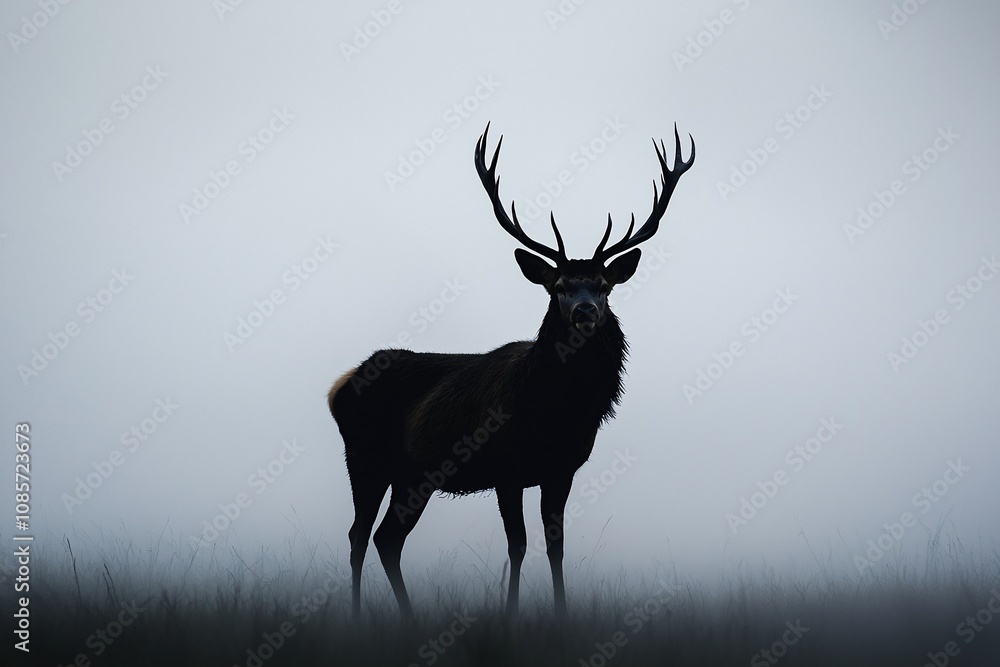 Naklejka premium Majestic Stag in Mist: A Shadowy Presence in Nature's Embrace