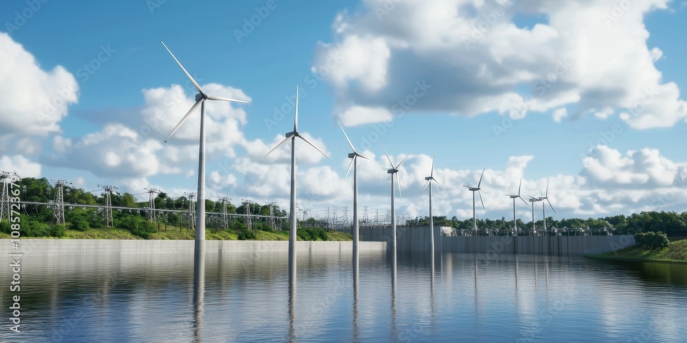 Scenic View of Wind Turbines Reflecting in Calm Water Under Bright Blue Sky with Clouds, Highlighting Renewable Energy and Sustainable Development Scenic View of Wind Turbines Reflecting in Calm Water Under Bright Blue Sky with Clouds, Highlighting Renewable Energy and Sustainable Development