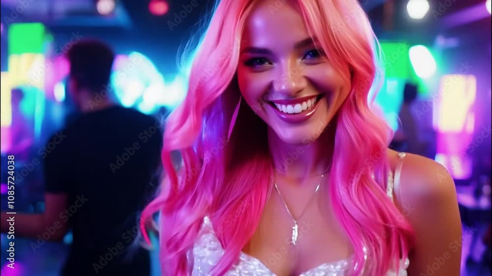 Cheerful woman with vibrant pink hair and joyful expression at a party Cheerful woman with vibrant pink hair and joyful expression at a party