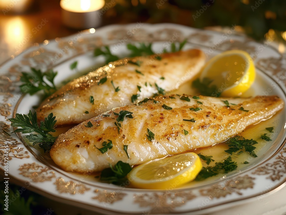 elegant plate presenting sole meunière garnished artistically with fresh herbs and lemon slices, set in a refined dining setting with soft candlelight elegant plate presenting sole meunière garnished artistically with fresh herbs and lemon slices, set in a refined dining setting with soft candlelight