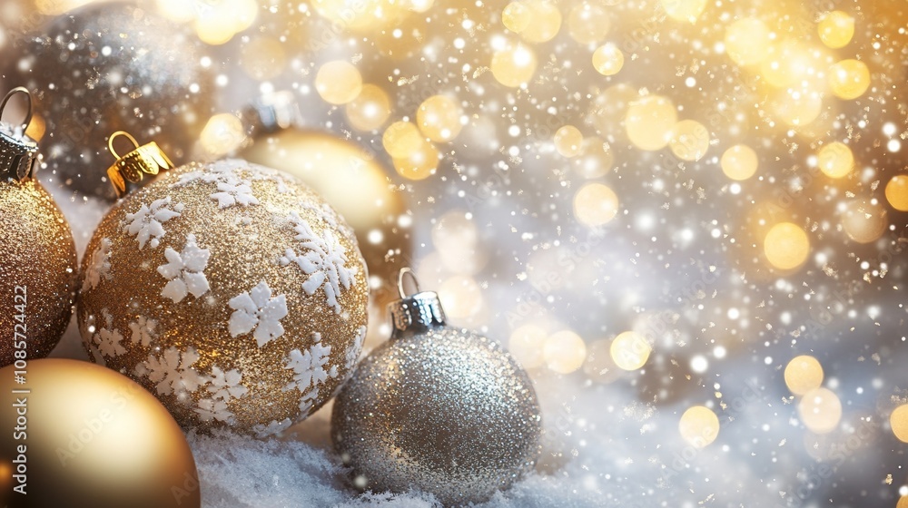 Festive Baubles With Snow and Glitter Creating a Sparkling and Elegant Holiday Decoration Scene Festive Baubles With Snow and Glitter Creating a Sparkling and Elegant Holiday Decoration Scene