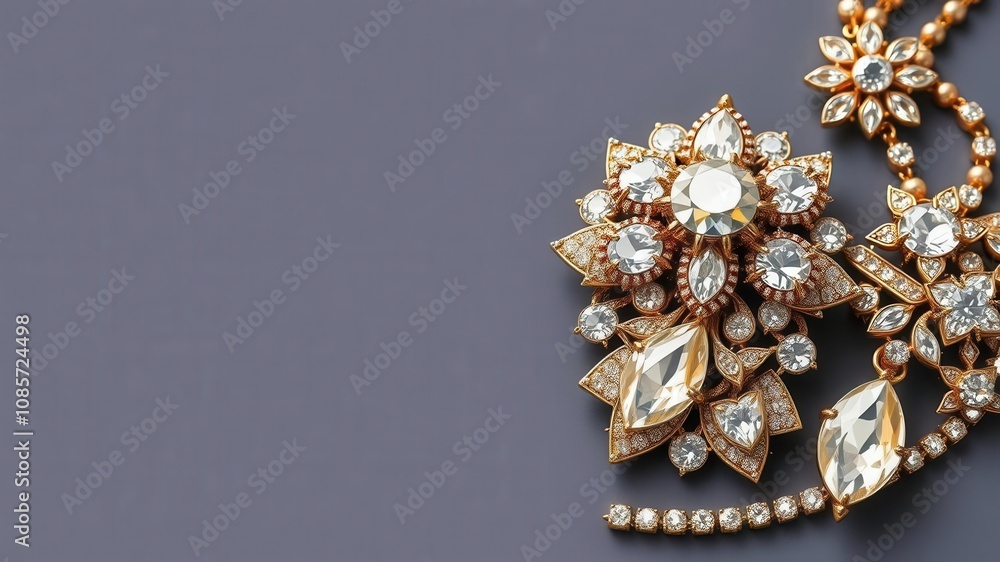 A variety of sparkling jewels arranged on a sleek grey background, elegant, precious, adornments A variety of sparkling jewels arranged on a sleek grey background, elegant, precious, adornments