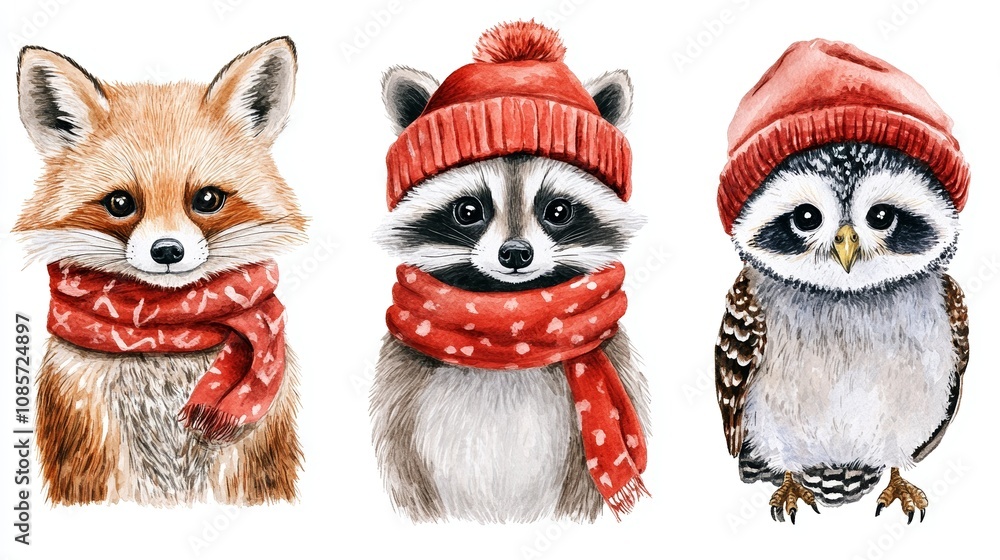 Safari Animal Set With Fox, Raccoon, and Owl Wearing Festive Red Scarves and Hats on a White Background Safari Animal Set With Fox, Raccoon, and Owl Wearing Festive Red Scarves and Hats on a White Background