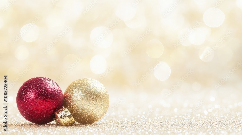 Beautiful Red and Gold Christmas Ornaments on a Shimmering Background for a Festive Holiday Celebration, Evoking Warmth and Joy of the Season Beautiful Red and Gold Christmas Ornaments on a Shimmering Background for a Festive Holiday Celebration, Evoking Warmth and Joy of the Season