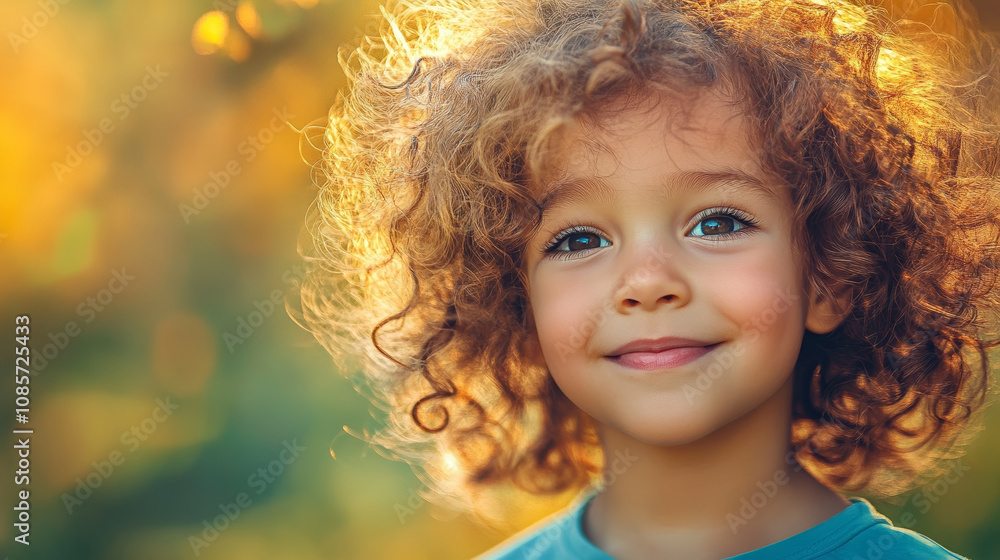 Portrait of a Cheerful Curly-Haired Child Smiling Outdoors With Golden Light and Natural Background Portrait of a Cheerful Curly-Haired Child Smiling Outdoors With Golden Light and Natural Background