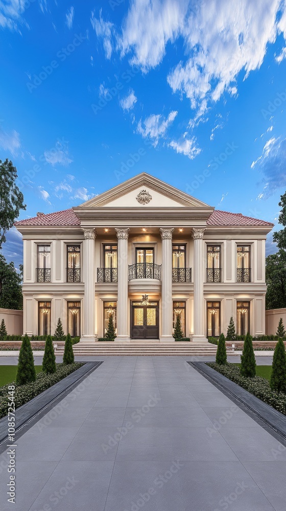 Elegant two-story villa with classical architecture featuring grand columns and balconies against a stunning sky