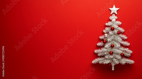 Minimalist White Christmas Tree on Bright Red Background with Golden Star for Modern Holiday Aesthetic