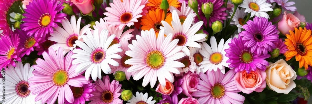 A vibrant bouquet of assorted flowers including roses, lilies, and daisies in full bloom, daisies, lilies, botany A vibrant bouquet of assorted flowers including roses, lilies, and daisies in full bloom, daisies, lilies, botany