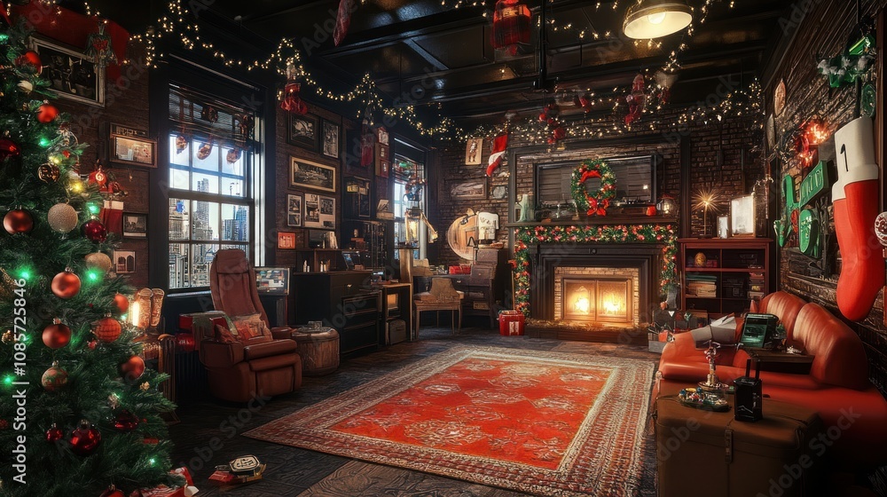 A cozy living room decorated for Christmas with a lit fireplace, a decorated tree, and a red carpet. A cozy living room decorated for Christmas with a lit fireplace, a decorated tree, and a red carpet.