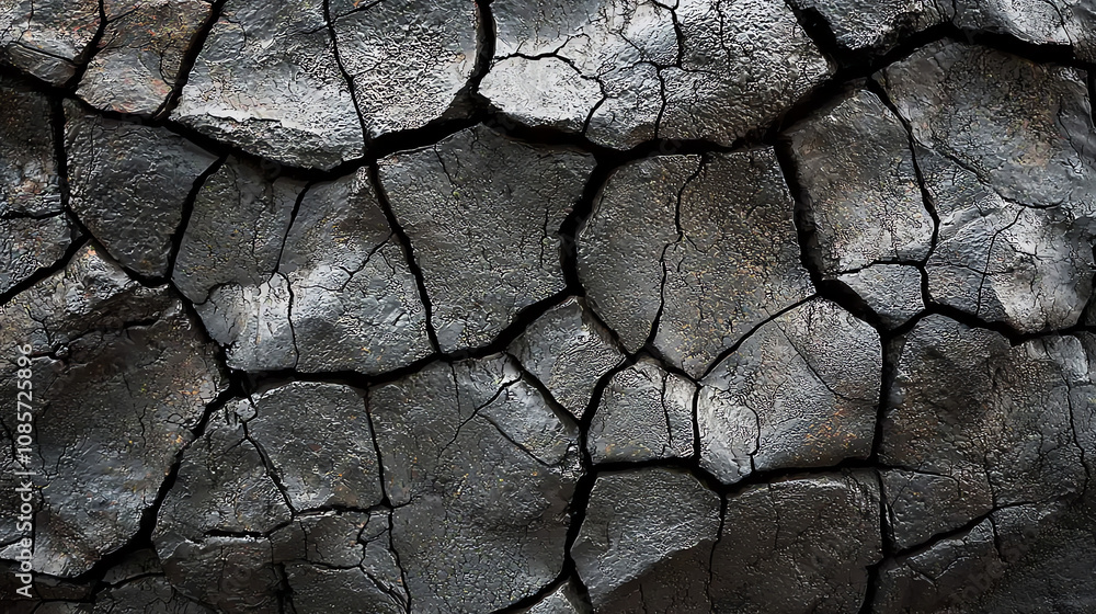Close-up view of cracked lava rock showing deep ridges formed by geological processes over time in a volcanic region Close-up view of cracked lava rock showing deep ridges formed by geological processes over time in a volcanic region