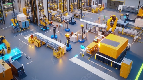 A modern, automated factory with robotic arms and conveyor belts working together to produce goods.