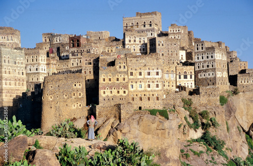 The village of Al Hajjarah on Jabal Haraz mountains in Yemen at sunset