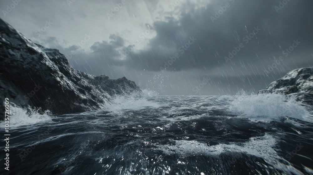 A stormy sea with crashing waves and a dark, stormy sky. A stormy sea with crashing waves and a dark, stormy sky.