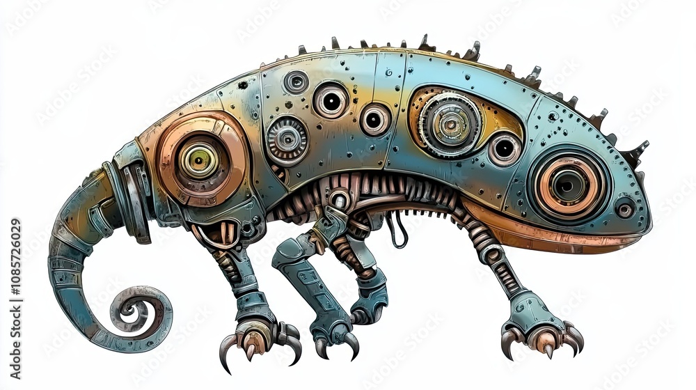Fototapeta premium A Mechanical Chameleon with a Twisted Tail and Claws