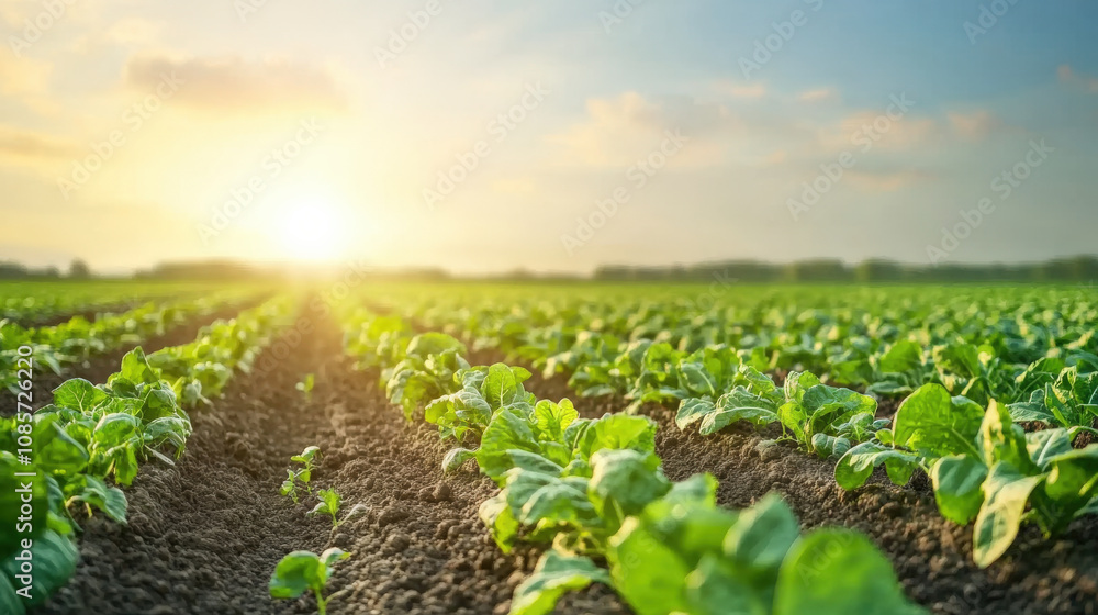 Lush green crops growing in field under bright sunset sky, showcasing beauty of nature and agriculture Lush green crops growing in field under bright sunset sky, showcasing beauty of nature and agriculture