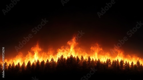 Intense forest fire engulfing trees in a dark landscape.