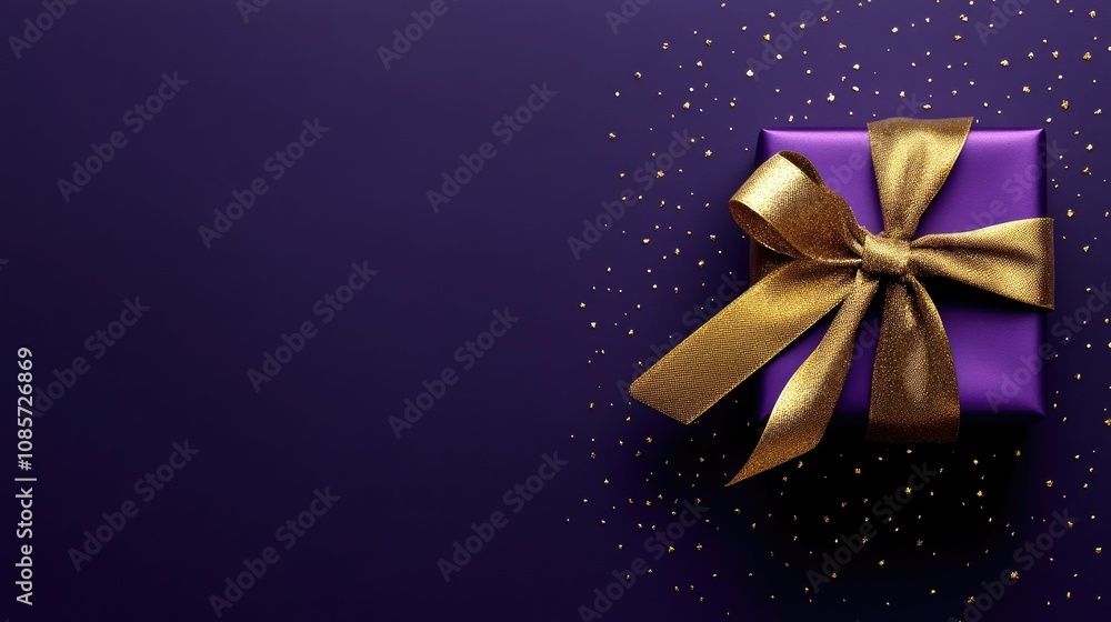 Elegant Purple Gift Box with Golden Ribbon and Confetti on a Rich Violet Background, Perfect for Celebrations and Special Occasions Elegant Purple Gift Box with Golden Ribbon and Confetti on a Rich Violet Background, Perfect for Celebrations and Special Occasions