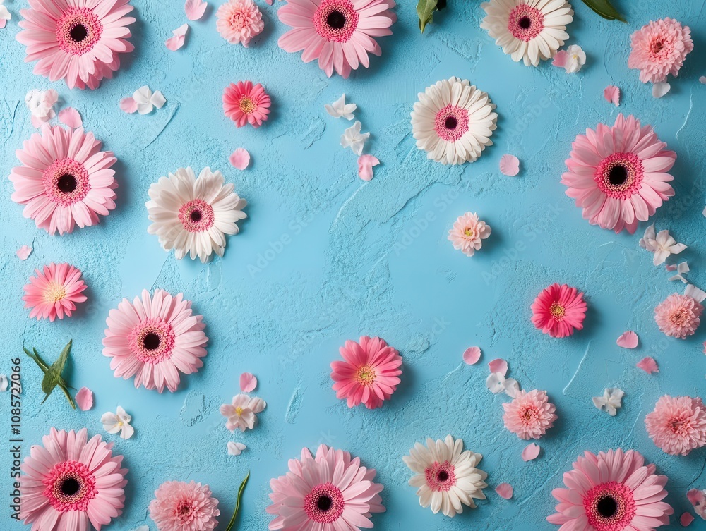 Fototapeta premium flat lay of fresh spring flowers in vibrant pink hues, scattered across a pastel blue background, capturing the essence of springtime beauty and renewal