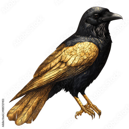 A beautifully illustrated crow with golden feathers, showcasing stunning details and vibrant colors against a transparent background.,Transparent background photo