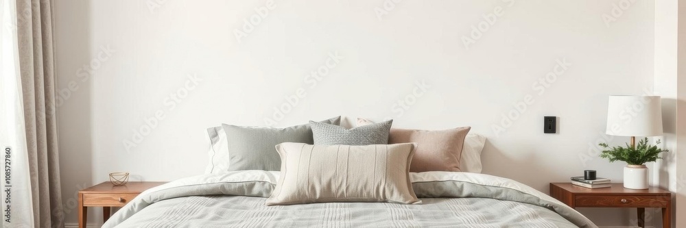 Assorted grey cushions arranged neatly on a neutral background, neutral, elegant, bedroom Assorted grey cushions arranged neatly on a neutral background, neutral, elegant, bedroom