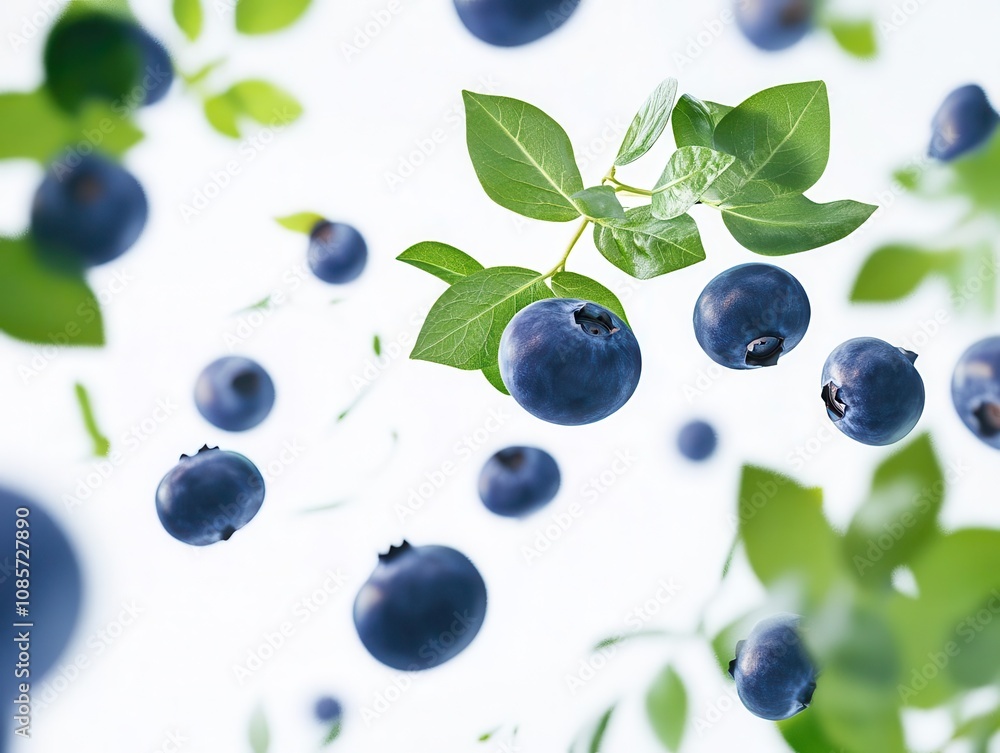 flying blueberries with green leaves twirling in mid-air, emphasizing their freshness and vitality against a clean white background, capturing the essence of seasonal delights flying blueberries with green leaves twirling in mid-air, emphasizing their freshness and vitality against a clean white background, capturing the essence of seasonal delights