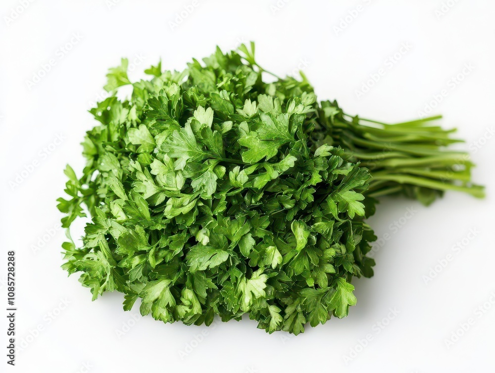 fresh green parsley leaf isolated on a clean white background, showcasing its vibrant color and delicate texture, accentuating the beauty of natural ingredients in cooking fresh green parsley leaf isolated on a clean white background, showcasing its vibrant color and delicate texture, accentuating the beauty of natural ingredients in cooking