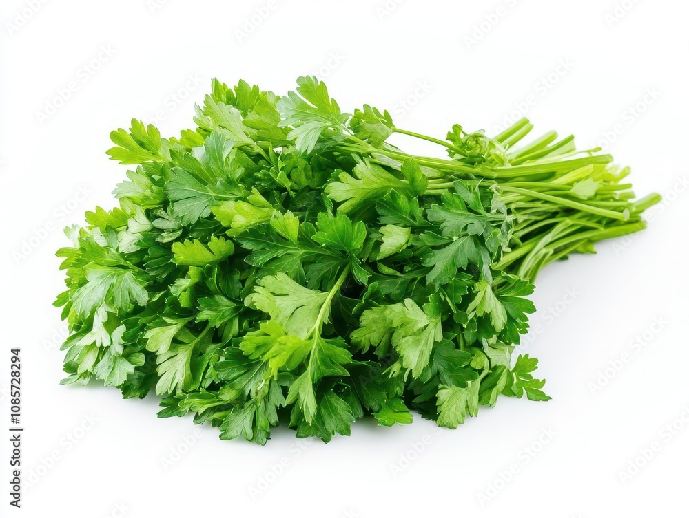fresh green parsley leaf isolated on a clean white background, showcasing its vibrant color and delicate texture, accentuating the beauty of natural ingredients in cooking fresh green parsley leaf isolated on a clean white background, showcasing its vibrant color and delicate texture, accentuating the beauty of natural ingredients in cooking
