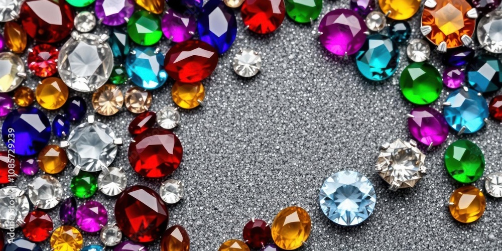 Assorted sparkling jewels on a sleek grey background, rich, colorful, background Assorted sparkling jewels on a sleek grey background, rich, colorful, background