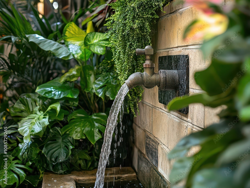Fototapeta premium garden water tap with flowing water, surrounded by vibrant greenery, symbolizing the importance of conservation and the rising costs of resources in a serene environment